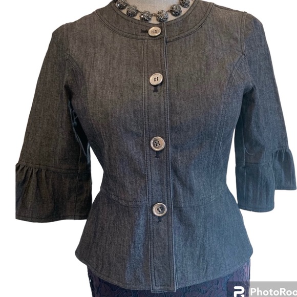 Sandro ruffled jean jacket with 3/4 length sleeve silver tone buttons size S - Picture 1 of 8
